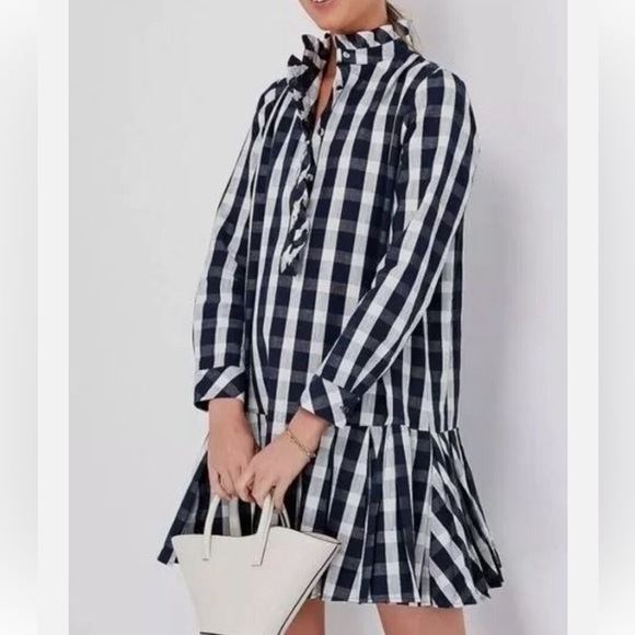 NWT Tuckernuck Linen Blend Tate Dress Navy Check (Ruffle Neck) - Picture 1 of 7